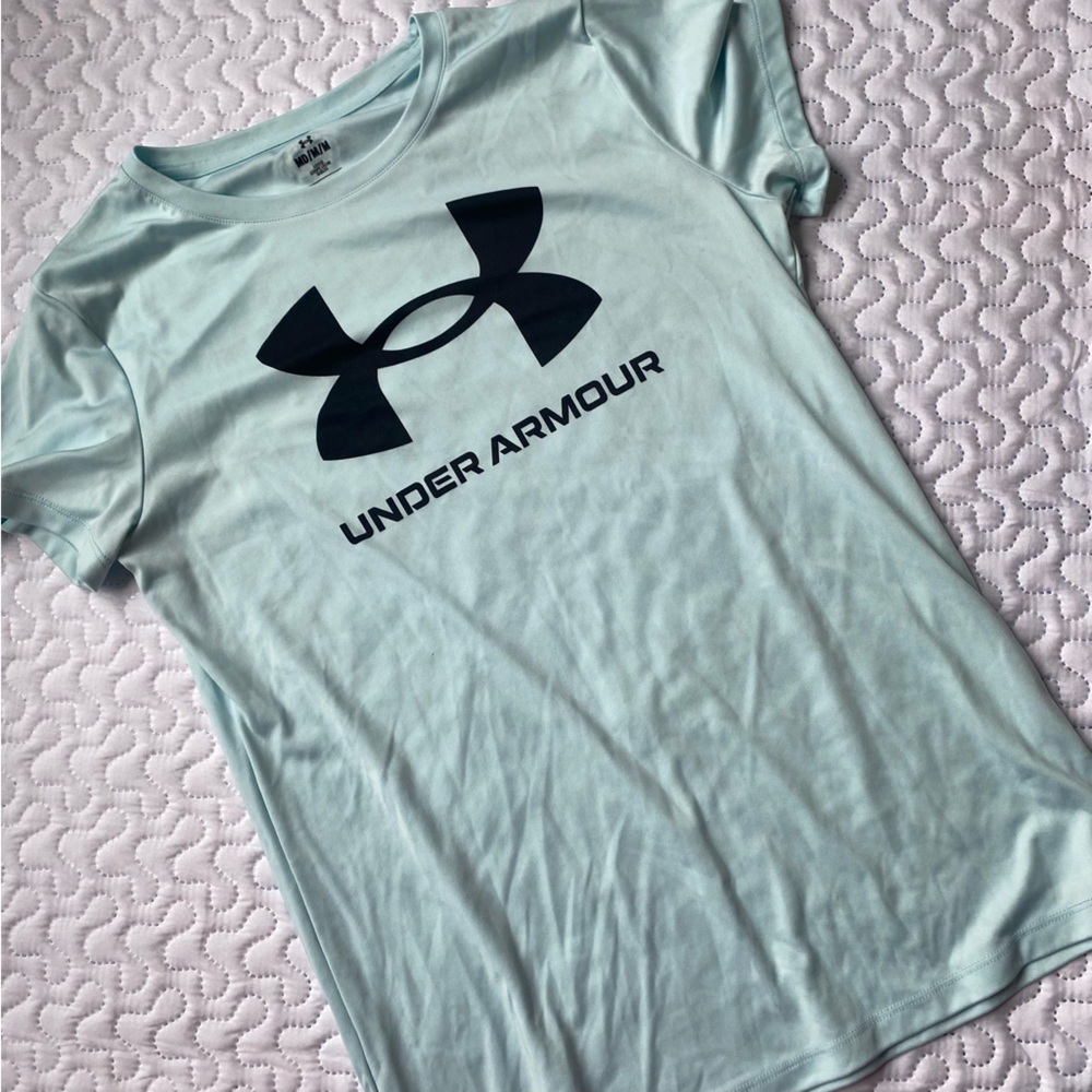 Under‎ Armour Youth Girls Medium M Ice Blue Training T Shirt Short Sleeve Logo